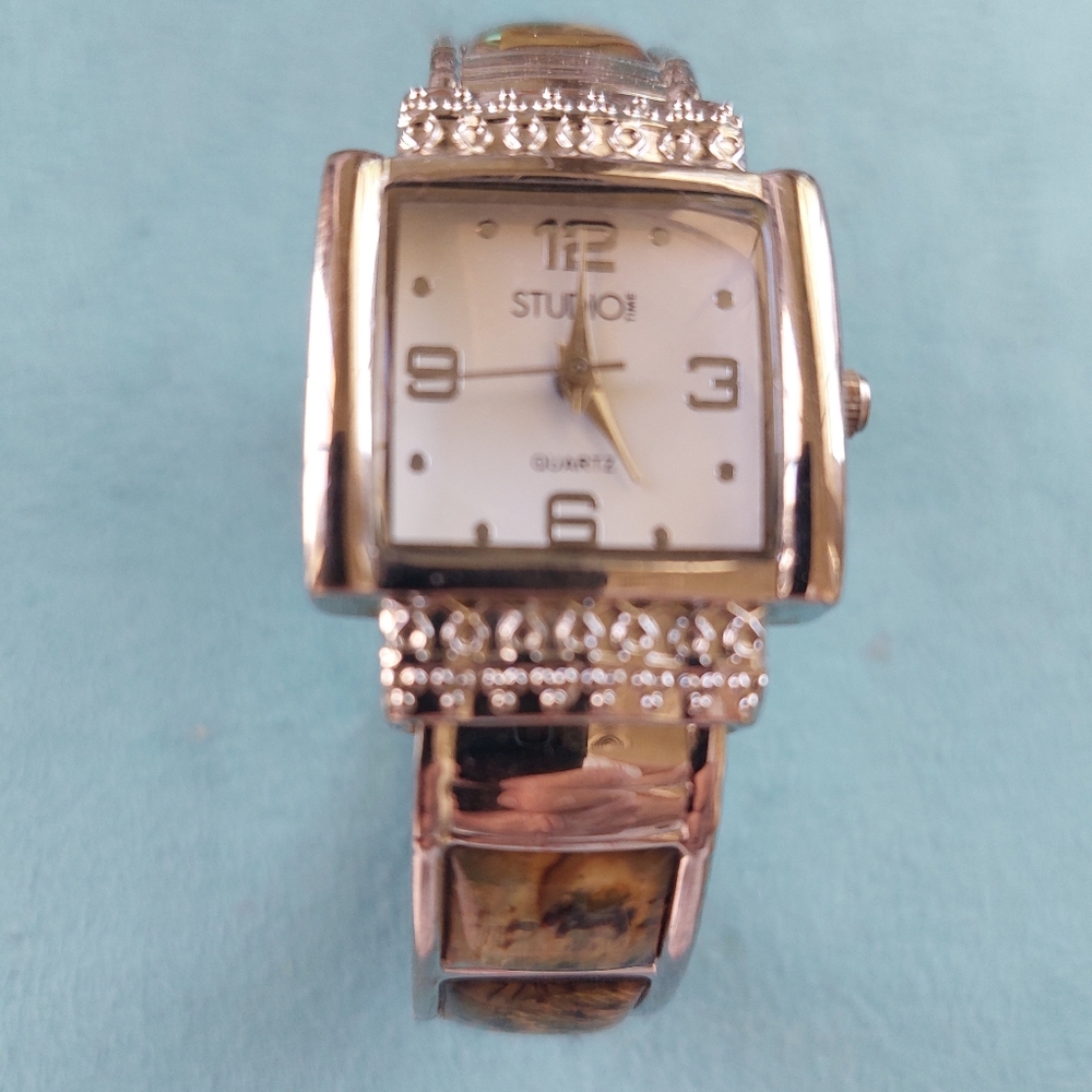 Studio Time Cuff Quartz Silvertone Watch Bracelet w/ Abalone Shell Inlay Vintage